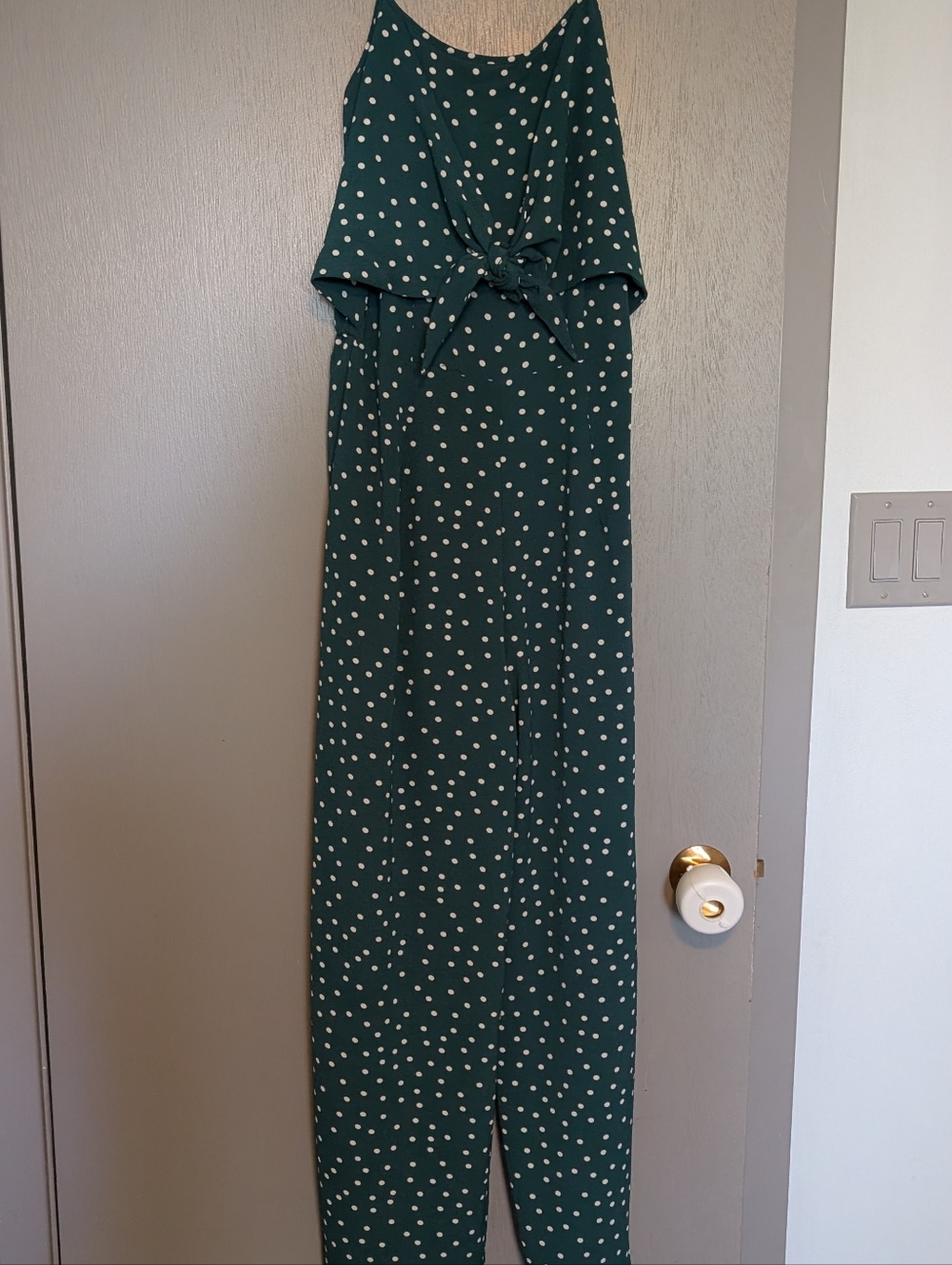 Green Polka Dot Spaghetti-Strap Jumpsuit with Front Tie